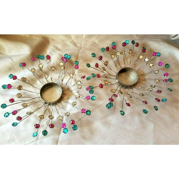 Beaded Jeweled Wire Candle Votive Holders Multi-color Silver Starburst JS69 - Picture 1 of 3